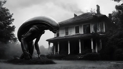Monochrome xenomorph inspects decayed colonial house in dense fog