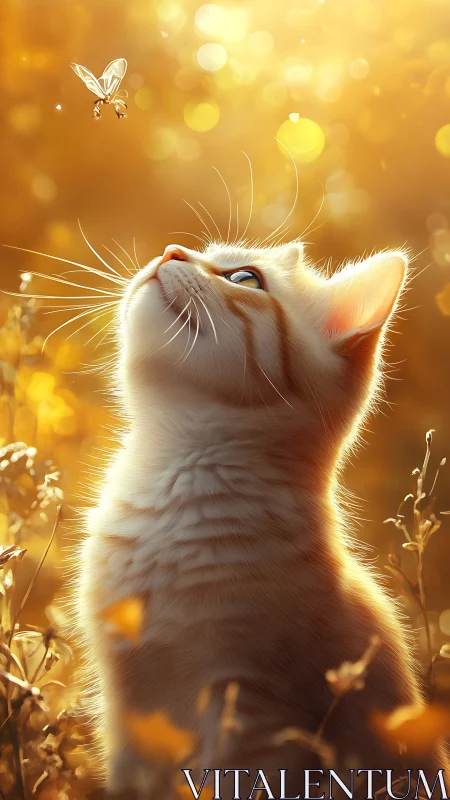 Curious orange kitten watching a glowing winged insect.