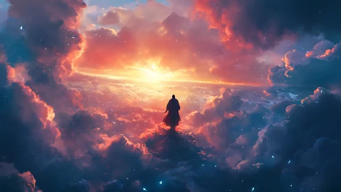Wanderer strides the burning sky-bridge between storm clouds.