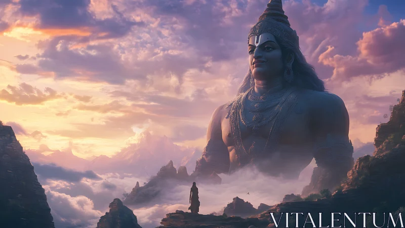 Colossal mountain deity listens quietly to a lone pilgrim