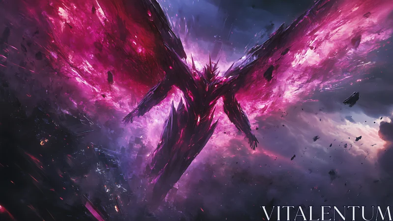 Cosmic phoenix warrior spreads radiant wings across space