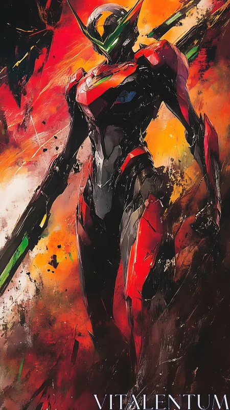 Powerful red mecha strides forward in a storm of blazing light