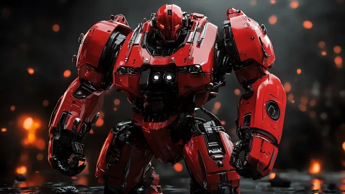 Red combat mech strides through ember lit battlefield.