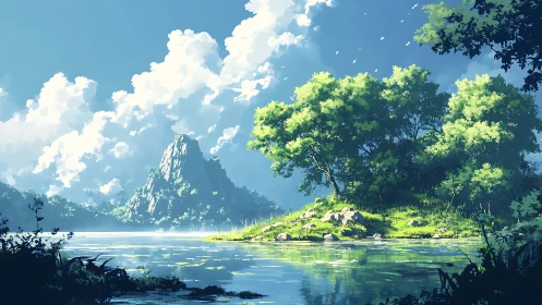 Luminous River Valley: Digital Landscape with Dramatic Peak.