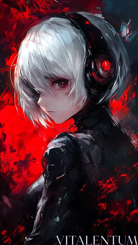 White haired cyber girl in headset over red abstract field.