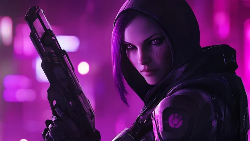 Cyberpunk huntress locks on target in neon violet haze