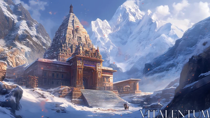 Snow-covered mountain temple with stepped stone entrance.