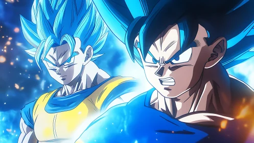 Dual blue-haired anime warriors in energized battle aura