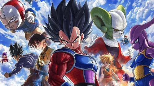 Anime warriors assemble in dynamic sky battle tableau.