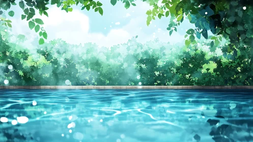 Sunlit garden pool shimmering under soft summer leaves.