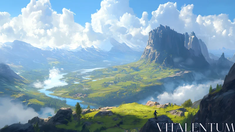 Solitary wanderer crossing a cloud-bright emerald valley.