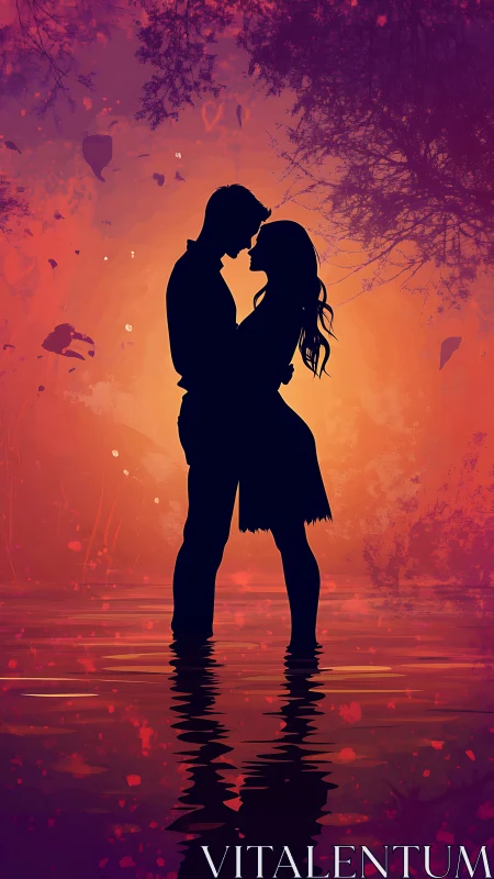 Silhouetted Couple Kissing in Fiery Glow.