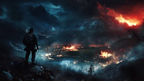 Lone wanderer watches a burning valley under stormed skies.