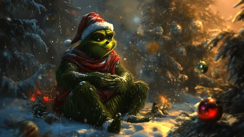 Grinch-like creature rests in cinematic snowy Christmas forest