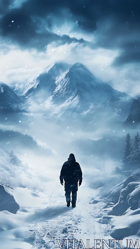 Solitary figure walking along snow-covered mountain path.