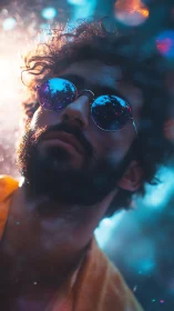 Man in reflective sunglasses under colorful bokeh light.