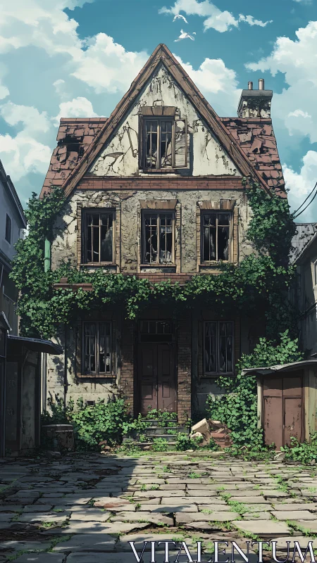 Abandoned ivy-covered townhouse stands under bright summer sky