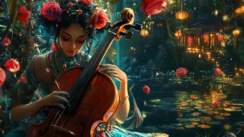 Cellist in a lantern lit forest pond weaving gentle magic.