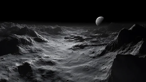 Lunar surface landscape with distant Earth on dark horizon.