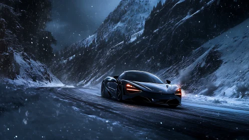 Sports car drives through dark snowy mountain road at night