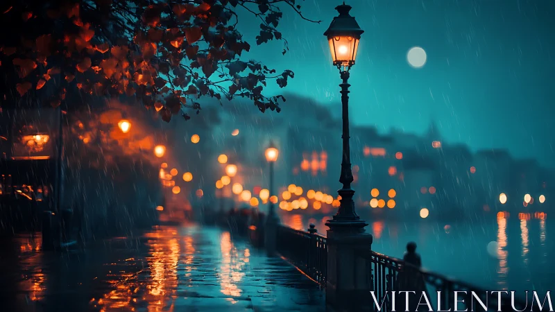 Rain-soaked riverside promenade under glowing streetlights.