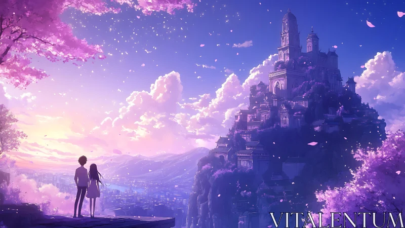 Twilight overlook of terraced fantasy city and blossom sky