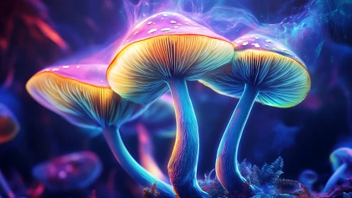 Luminous stylized mushrooms in saturated neon forest scene.