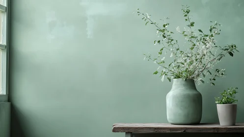 Soft green interior still life evokes calm minimalist charm