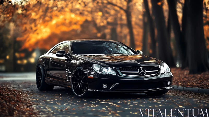 Black Mercedes coupe glows against golden autumn forest backdrop.