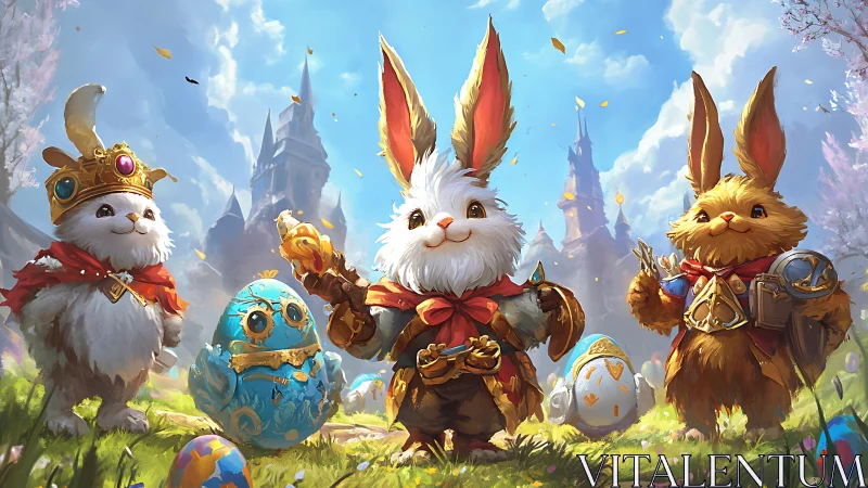 Royal bunny adventurers guard enchanted clockwork eggs.