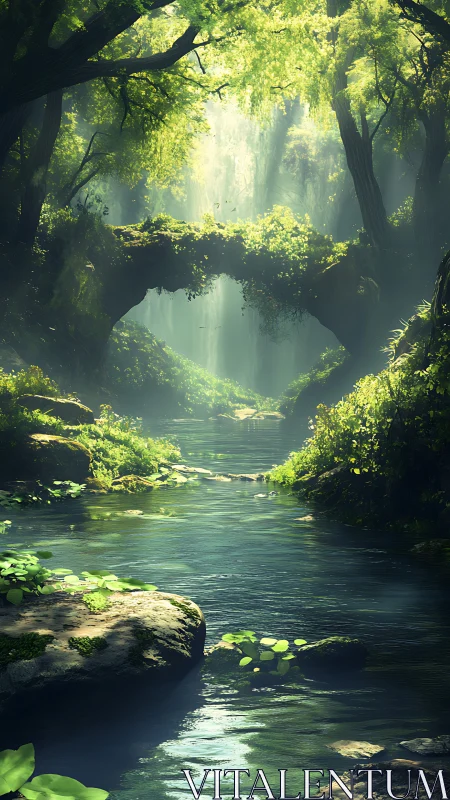 Sunlit Forest Stream Flows Through Ancient Trees