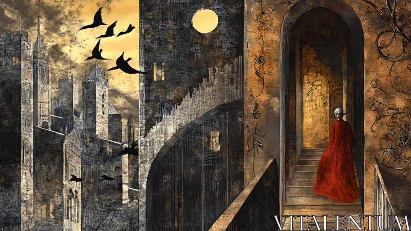 Moonlit stairway oracle crossing a crumbling bronze city.