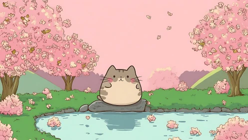Chubby cartoon cat rests by pastel cherry blossom pond.