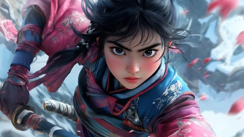 Fierce young warrior gazes ahead with bold, steady resolve