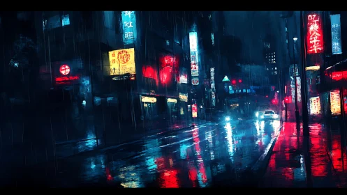 Rain soaked neon city street with reflective wet pavement.