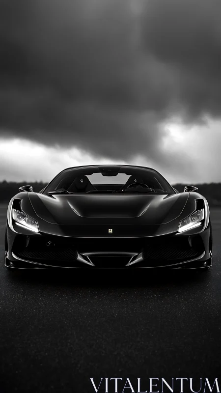 Black supercar front view under stormy dramatic sky