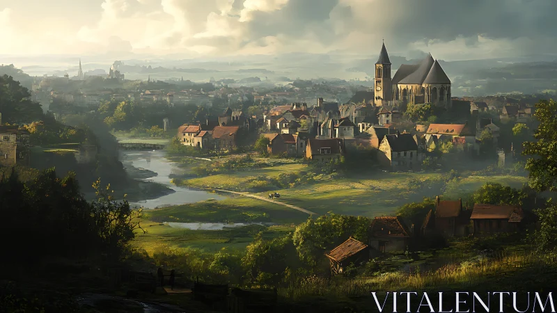 Medieval riverside town with church under dramatic sky.