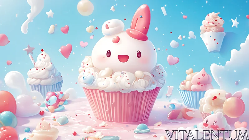 Three-dimensional rendered composition depicting anthropomorphic pastry objects.