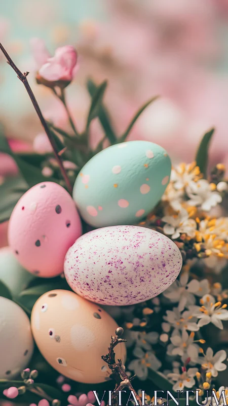 Soft pastel Easter eggs rest gently among spring blooms