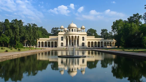 Neoclassical domed pavilion with colonnades mirrored in pool