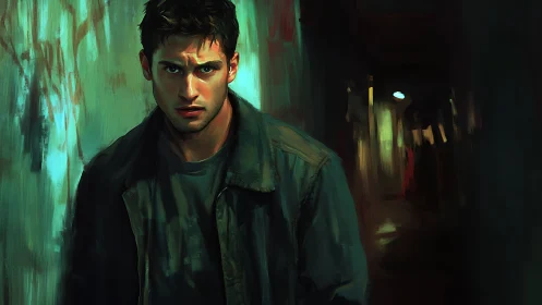 Brooding man stalks neon hallway in moody digital portrait.