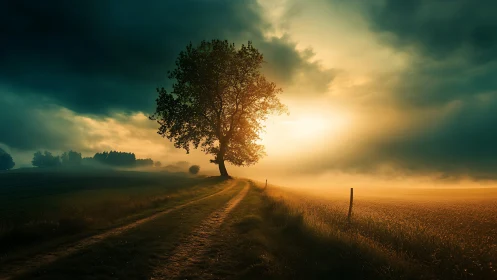 Backlit lone tree anchors dynamic sunrise over rural pathway