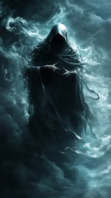 Hooded spectral figure rendered in swirling cloud formations