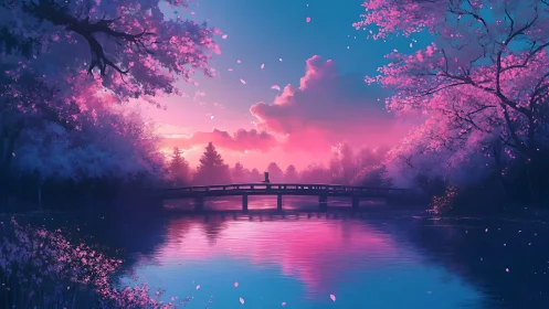 Sunset bridge cuts through glowing pink cherry blossom lake.