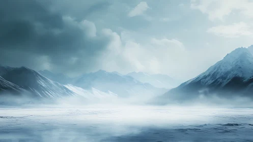 Silent winter fjord wrapped in soft mist and pale light.