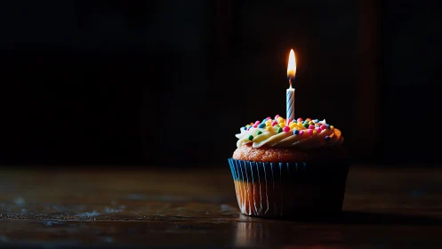 Birthday Cupcake with Lit Candle Against Dark Background