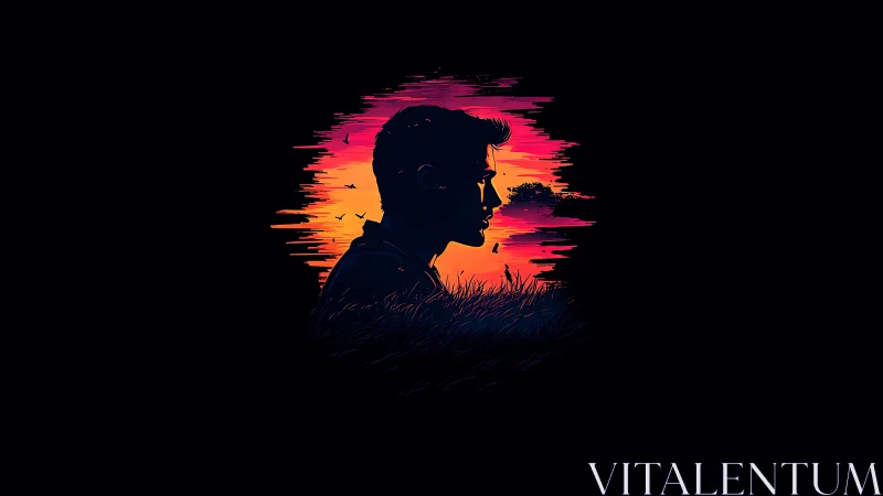 Silhouetted male profile integrates into neon-gradient sunset field