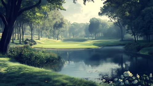 Morning hush over misty golf green and reflective pond.