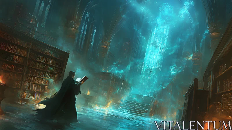 Arcane scholar confronts a radiant spectral portal in cathedral library