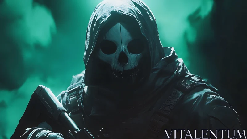 Hooded soldier with skull mask in teal backlit environment.